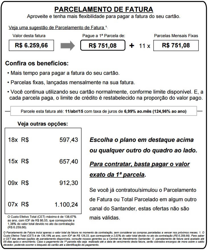 quanto custa parcelar fatura de cartão de crédito