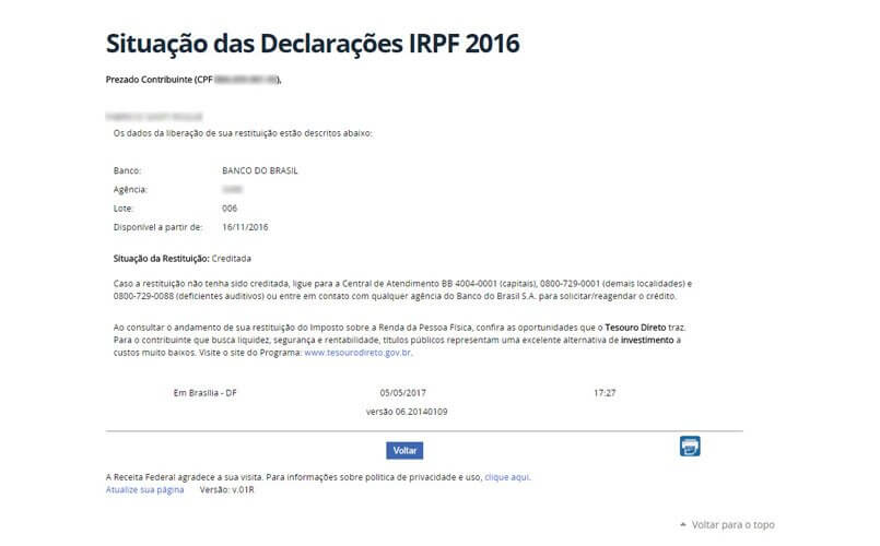 valor restituição imposto de renda 2017