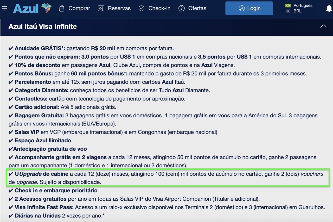 melhores destinos para upgrade Azul Infinite